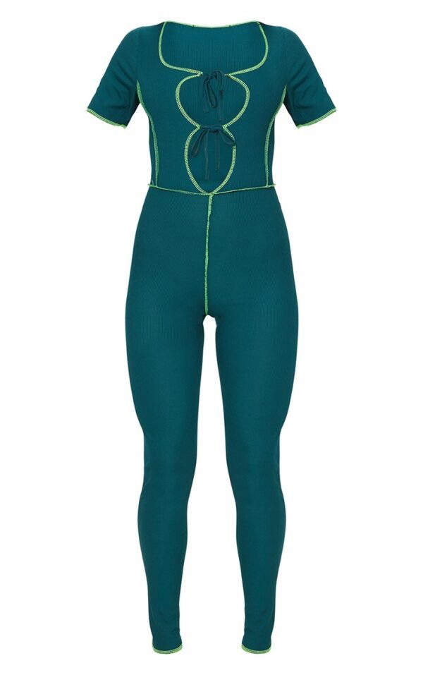 Green Tie Front Contrast Seam Short Sleeve Jumpsuit