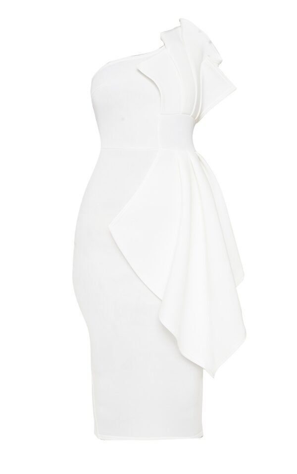 White One Shoulder Pleated Detail Midi Dress
