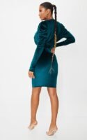 Emerald Green Velvet Cowl Ruched Long Sleeve Midi Dress
