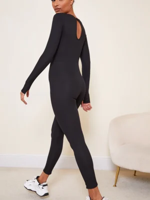 Black Rib Long Sleeve Thumb Hole Jumpsuit