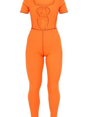 Orange Tie Front Contrast Seam Short Sleeve Jumpsuit