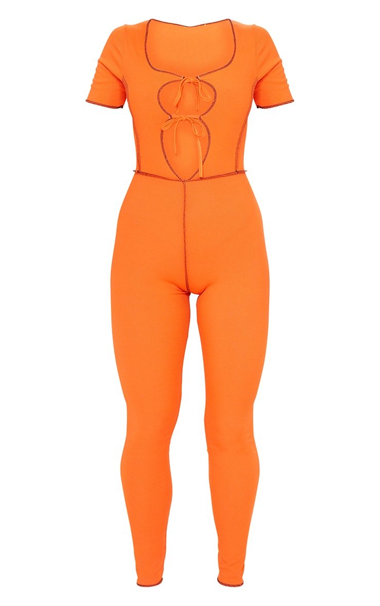 Orange Tie Front Contrast Seam Short Sleeve Jumpsuit