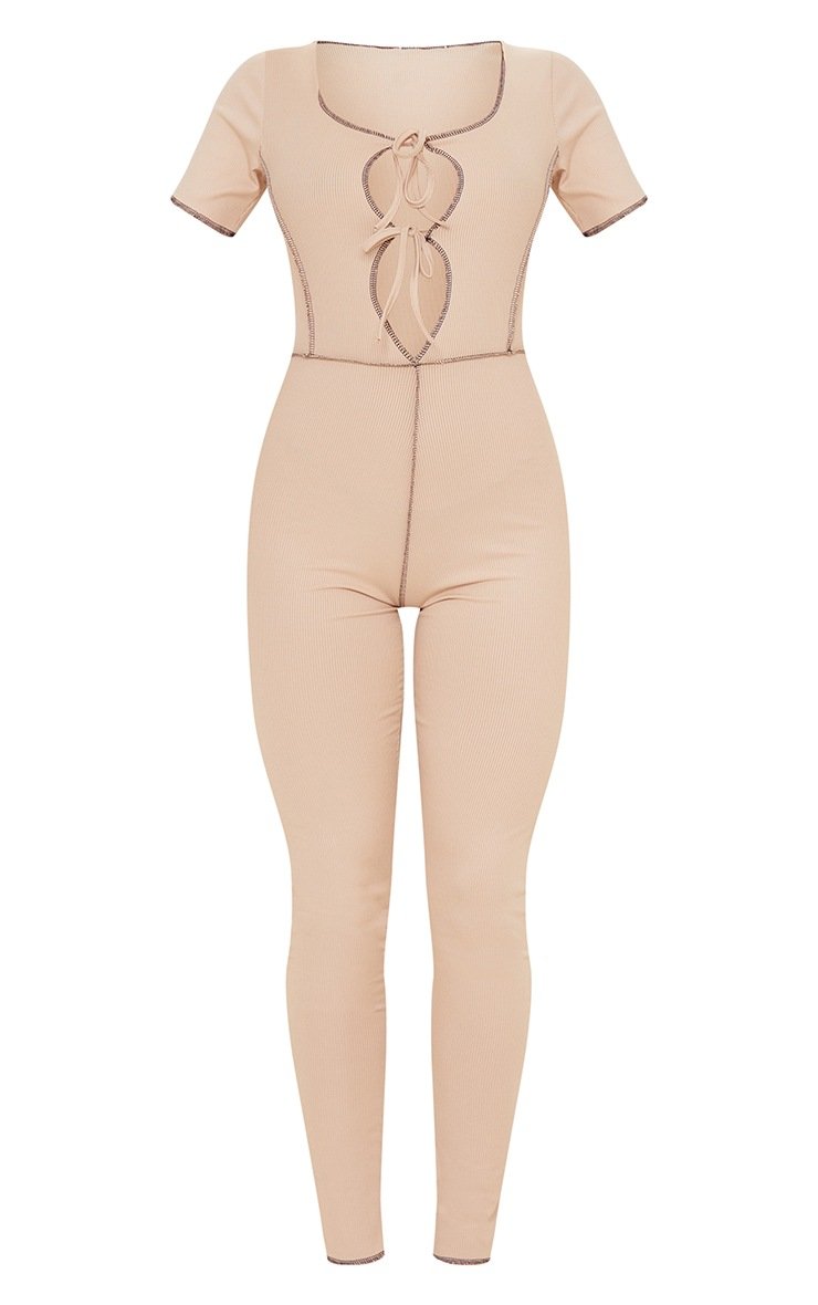 Stone Tie Front Contrast Seam Short Sleeve Jumpsuit