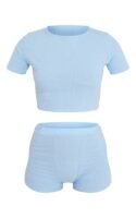 Baby Blue Soft Brushed Rib Seam Detail Short PJ Set