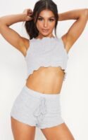Grey Ribbed Frill Edge Short PJ Set