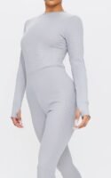 Grey Marl Rib Long Sleeve Thumb Hole Jumpsuit