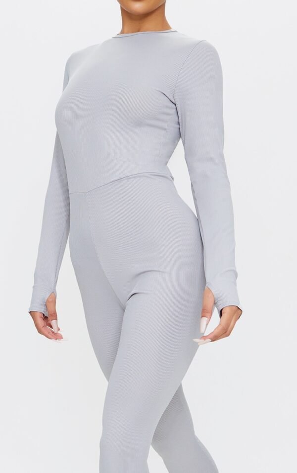 Grey Marl Rib Long Sleeve Thumb Hole Jumpsuit
