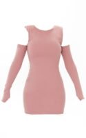 Dark Nude Shoulder Pad Cold Shoulder Thumb Hole Bodycon Dress