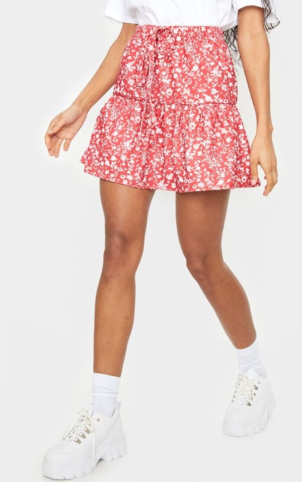 Red Ditsy Floral Tie Waist Ruffle Skirt