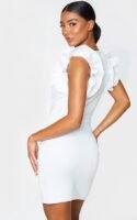 White Scuba Frill Sleeve Plunge Bodycon Dress
