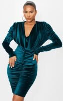 Emerald Green Velvet Cowl Ruched Long Sleeve Midi Dress