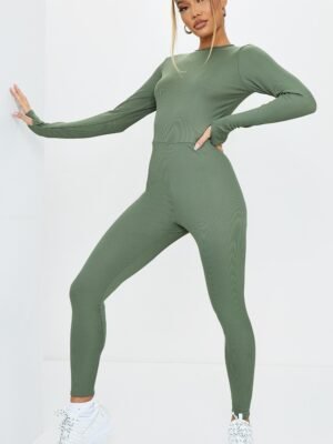 Khaki Rib Long Sleeve Thumb Hole Jumpsuit