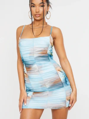 Blue Abstract Print Mesh Extreme Ruched Strappy Bodycon Dress