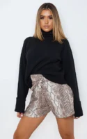 Brown Snake Faux Leather Belted Shorts