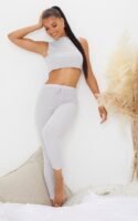Grey Ribbed Legging And Frill Edge Crop Pj Set