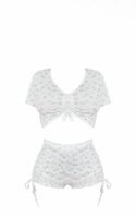 White Ditsy Floral Print Rib Ruched Crop Top And Shorts Pj Set