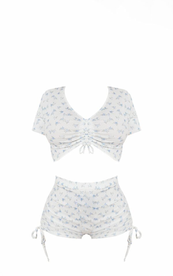 White Ditsy Floral Print Rib Ruched Crop Top And Shorts Pj Set