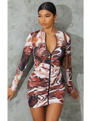 Chocolate Abstract Print Slinky Ruched Zip Through Bodycon Dress
