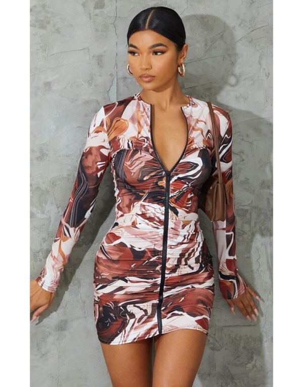 Chocolate Abstract Print Slinky Ruched Zip Through Bodycon Dress