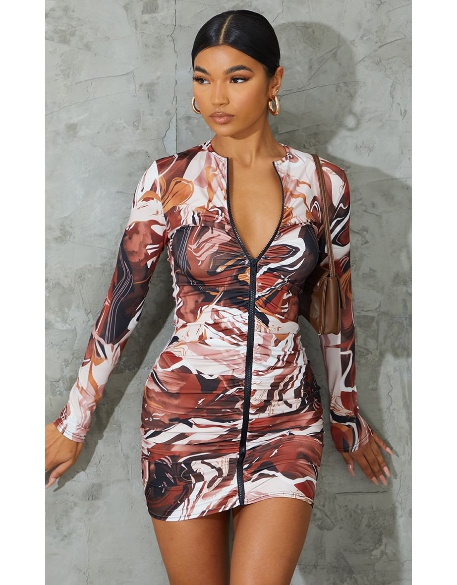 Chocolate Abstract Print Slinky Ruched Zip Through Bodycon Dress
