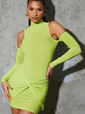 Lime Slinky Knot Front Cold Shoulder Bodycon Dress