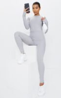 Grey Marl Rib Long Sleeve Thumb Hole Jumpsuit