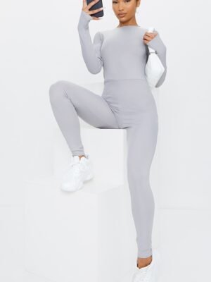 Grey Marl Rib Long Sleeve Thumb Hole Jumpsuit