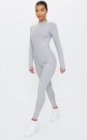 Grey Marl Rib Long Sleeve Thumb Hole Jumpsuit