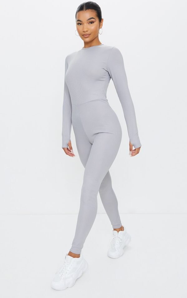 Grey Marl Rib Long Sleeve Thumb Hole Jumpsuit