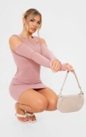 Dark Nude Shoulder Pad Cold Shoulder Thumb Hole Bodycon Dress