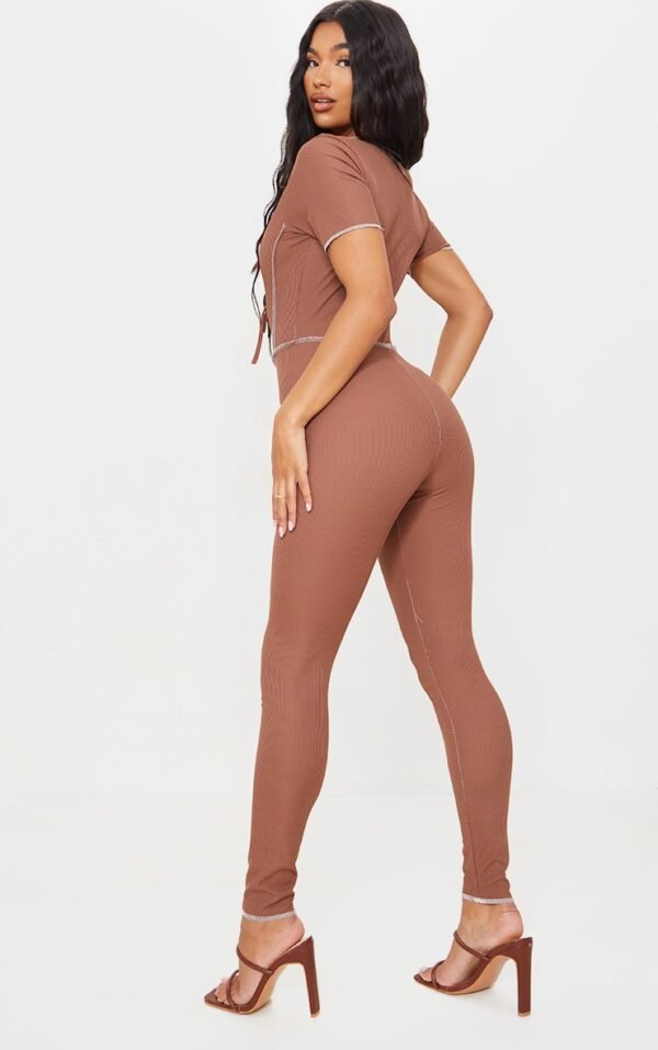 Chocolate Tie Front Contrast Seam Short Sleeve Jumpsuit