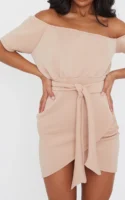 Stone Scuba Off Shoulder Tie Waist Bodycon Dress