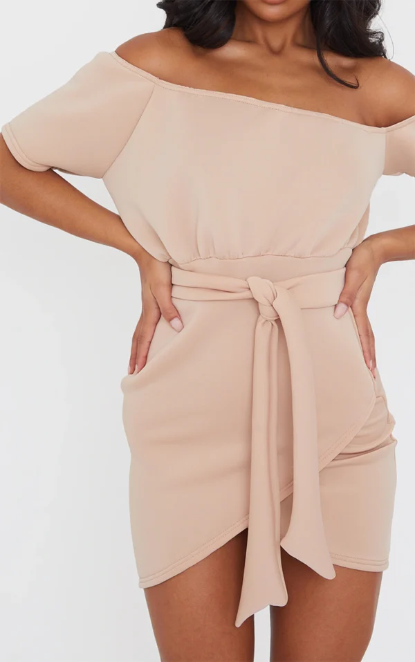 Stone Scuba Off Shoulder Tie Waist Bodycon Dress