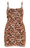 Orange Leopard Print Mesh Extreme Ruched Strappy Bodycon Dress