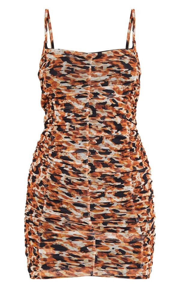 Orange Leopard Print Mesh Extreme Ruched Strappy Bodycon Dress