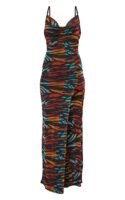 Multi Zebra Print Mesh Strappy Cowl Neck Low Back Maxi Dress
