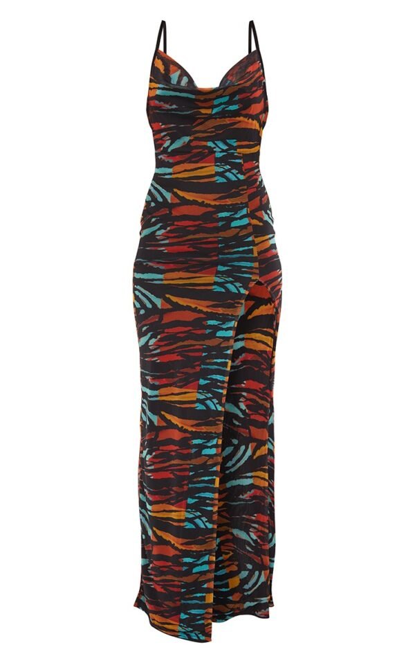 Multi Zebra Print Mesh Strappy Cowl Neck Low Back Maxi Dress