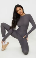 Charcoal Rib Long Sleeve Thumb Hole Jumpsuit