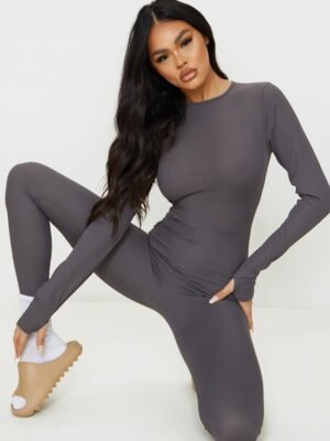 Charcoal Rib Long Sleeve Thumb Hole Jumpsuit