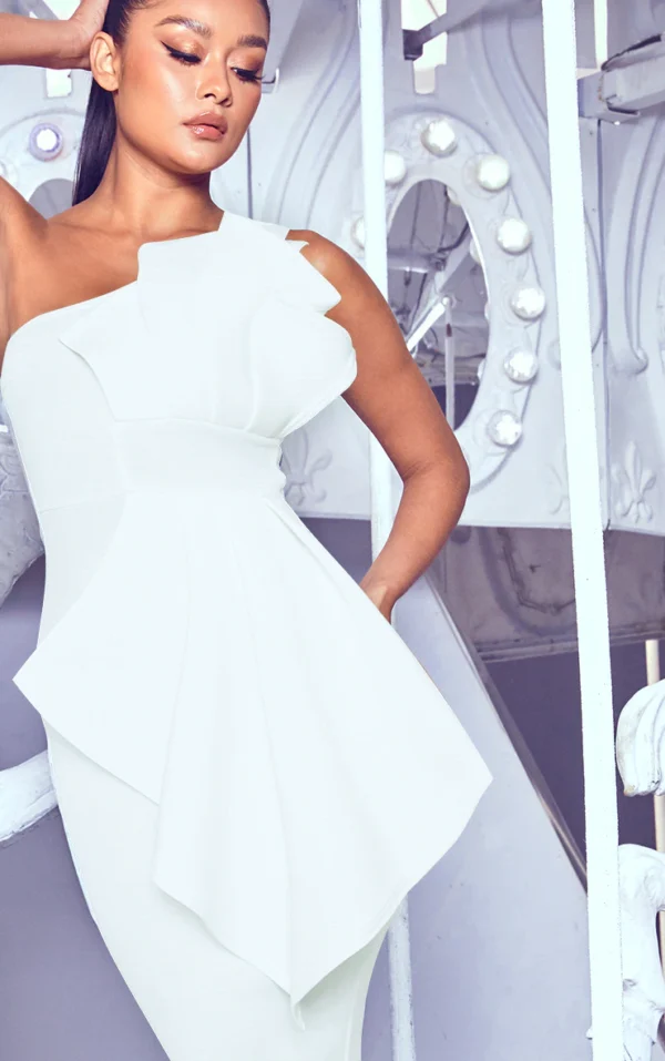White One Shoulder Pleated Detail Midi Dress