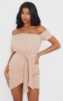 Stone Scuba Off Shoulder Tie Waist Bodycon Dress