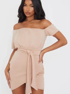 Stone Scuba Off Shoulder Tie Waist Bodycon Dress
