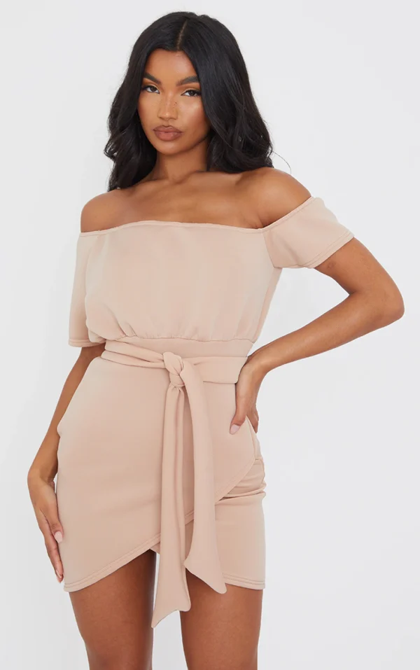 Stone Scuba Off Shoulder Tie Waist Bodycon Dress