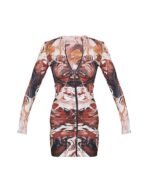 Chocolate Abstract Print Slinky Ruched Zip Through Bodycon Dress