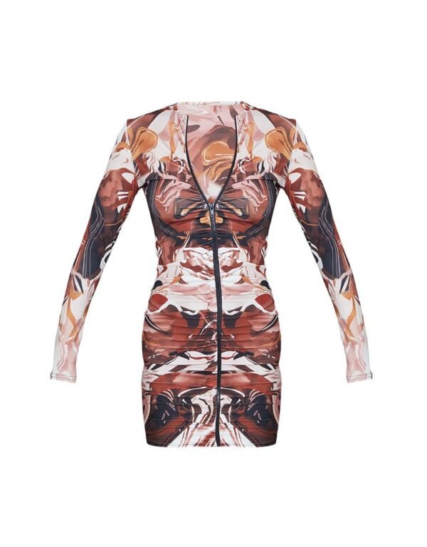 Chocolate Abstract Print Slinky Ruched Zip Through Bodycon Dress