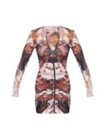 Chocolate Abstract Print Slinky Ruched Zip Through Bodycon Dress