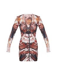 Chocolate Abstract Print Slinky Ruched Zip Through Bodycon Dress
