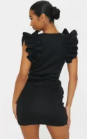 Black Scuba Frill Sleeve Plunge Bodycon Dress