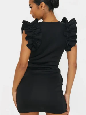 Black Scuba Frill Sleeve Plunge Bodycon Dress