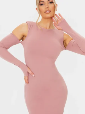 Dark Nude Shoulder Pad Cold Shoulder Thumb Hole Bodycon Dress